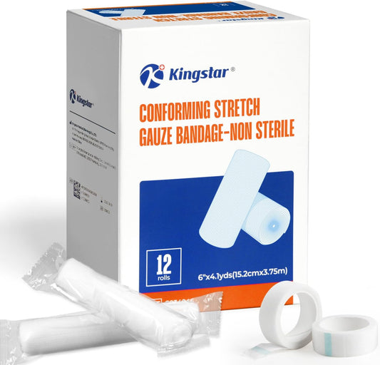 Gauze Rolls Bandages 6in x 4.1yds, 24 Rolls Conforming Stretch Gauze Bandage 6 Inch, Individually Wrapped Includes Medical Tape
