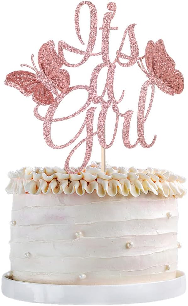It's A Girl Cake Topper,3d Butterfly Cake Toppers Decorations, Girl Cake Topper,Gender Reveal Baby Shower Party Cake Decor,Girl Birthday Party Cake Supplies Decorations (rose gold)