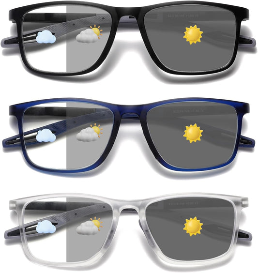 Hubeye Photochromic Reading Glasses for Men and Women TR90 Sport Reader Anti Glare UV Ray Filter （Photochromic Black/Photochromic Blue/Photochromic Clear，1.0）