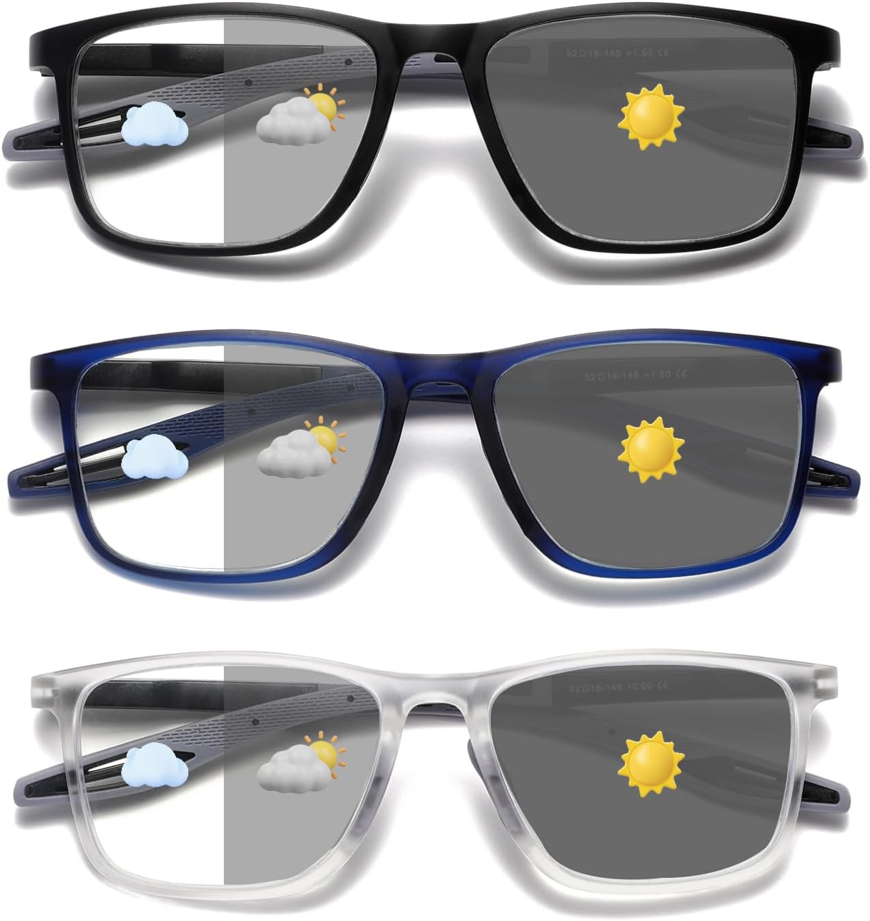 Hubeye Photochromic Reading Glasses for Men and Women TR90 Sport Reader Anti Glare UV Ray Filter （Photochromic Black/Photochromic Blue/Photochromic Clear，1.25）