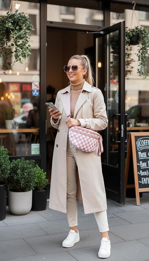 Checkered Crossbody Bag for Women, Spacious Sling & Stylish Bum Bag for Travel, Concerts, Festival, Nylon Fanny Pack Belt Bag (Colour Bum Bag-Pink Checkered)