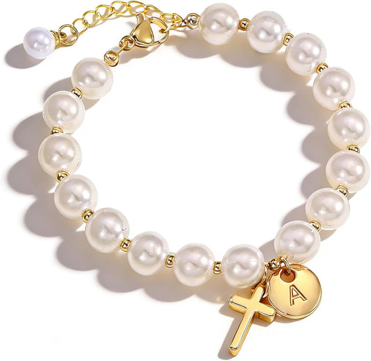 Cross Initial Bracelet Dainty Gold Cross Pearl Bracelet with Letter A-Z Christian Baptism Gifts Religious Faith Jewelry Stocking Stuffers for Teens