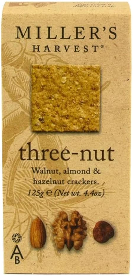 Miller's Harvest Artisan Biscuits Three-Nut Crackers | Stoneground Wholemeal Flour with Walnut Almond & Hazelnut | Imported from England | 4.4 oz
