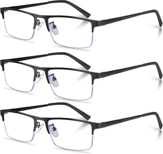 3-Pack Reading Glasses for Men, Lightweight Metal Half Frame Blue Light Blocking Computer Readers, Filter UV Ray/Computer Glare with Spring Hinge Eyeglasses(3PCS Black,+1.25)