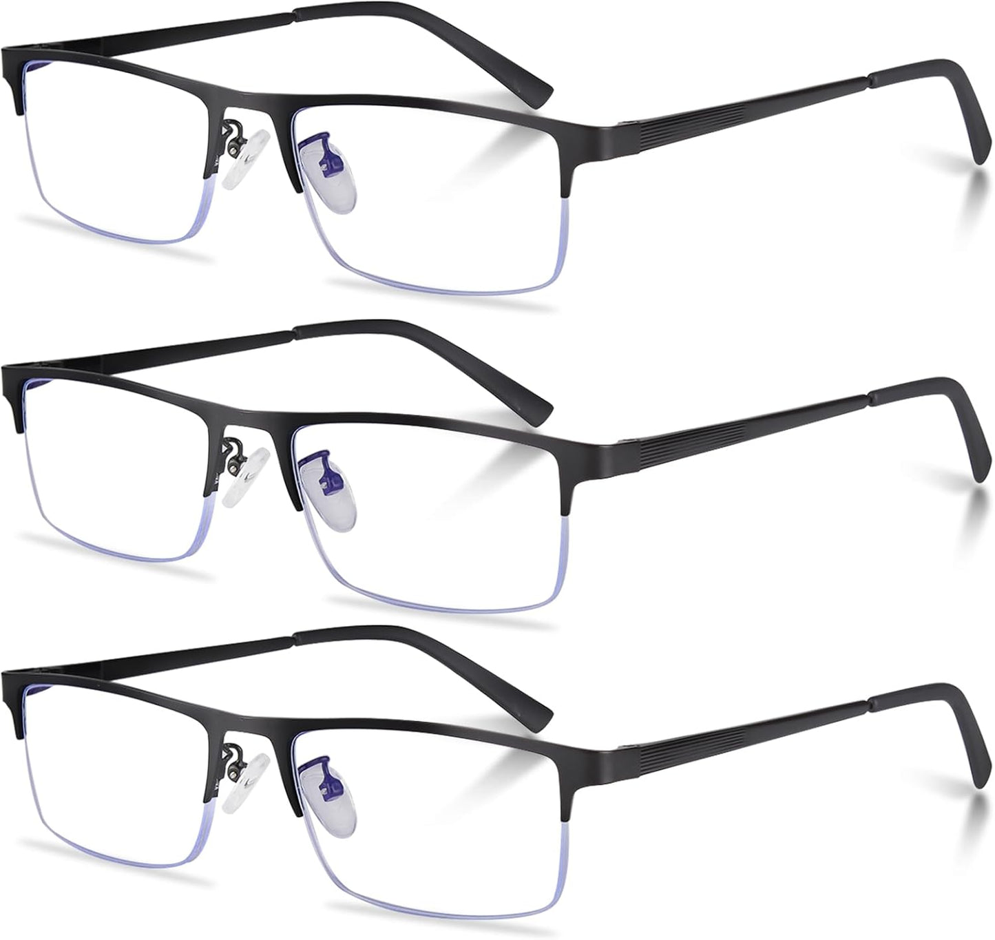 3-Pack Reading Glasses for Men, Lightweight Metal Half Frame Blue Light Blocking Computer Readers,Filter UV Ray/Computer Glare with Spring Hinge Eyeglasses(3PCS Black,+2.0)