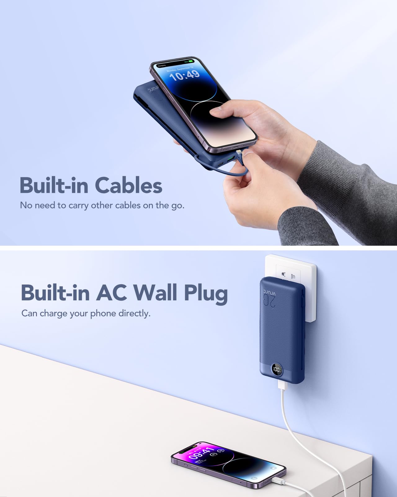 VRURC Portable Charger 20000mAh, Fast Charging Power Bank USB C,4 Output 2 Input Travel Essentials Charging Bank Equipped with LED Display,Built-in Wall Plug and Cables,Phone Charger Battery,Navy