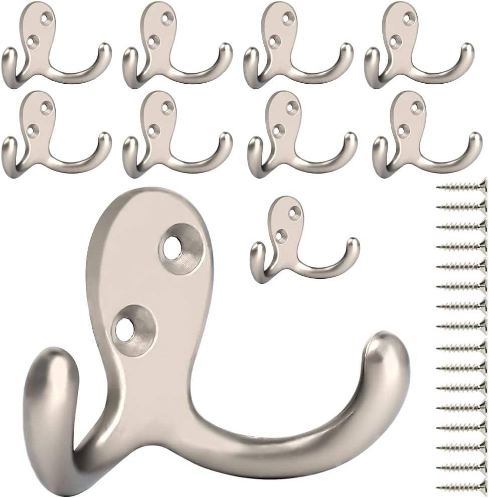 IBosins 10 Pack Heavy Duty Double Prong Coat Hooks Wall Mounted with 20 Screws Retro Double Hooks Utility Hooks for Coat, Scarf, Bag, Towel, Key, Cap, Cup, Hat