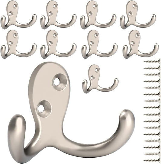 IBosins 10 Pack Heavy Duty Double Prong Coat Hooks Wall Mounted with 20 Screws Retro Double Hooks Utility Hooks for Coat, Scarf, Bag, Towel, Key, Cap, Cup, Hat