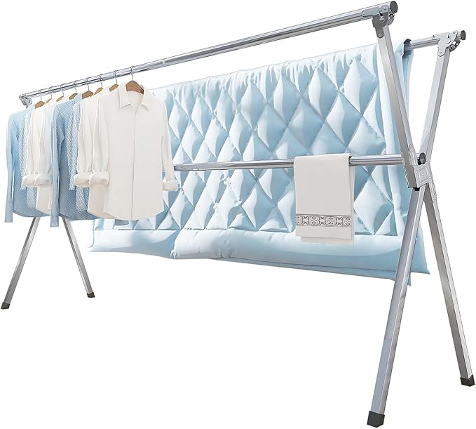 Clothes Drying Rack 95 Inches Folding Outdoor Indoor, Drying Rack Clothing Collapsible, Foldable Laundry Drying Rack, Heavy Duty Stainless Steel Clothesline, 20 Hooks 12 Clips