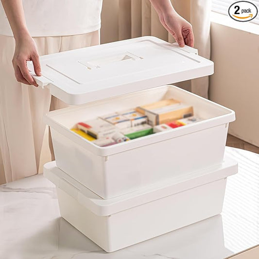 YUNGSHY White Plastic Multipurpose Portable Storage Container Bins Handled Organizer Storage Box with lids Storage Containers and Durable Nestable Closet, Garage, Totes (white, 15Qt. -2Pack)