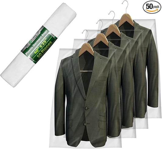 PARTY BARGAINS 40 x 25 Inch Disposable Clear Garment Bags, 50 Pack â Heavy-Duty Plastic Clothes Covers for Suits Dresses Coats, Closet & Travel