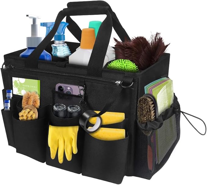 Qivine Cleaning Caddy with Handle, Cleaning Supply Caddy Foldable Tool Bag Cleaning Products Organizers Portable Cleaning Bucket Organiser for Storing Towelsï¼Black Squareï¼