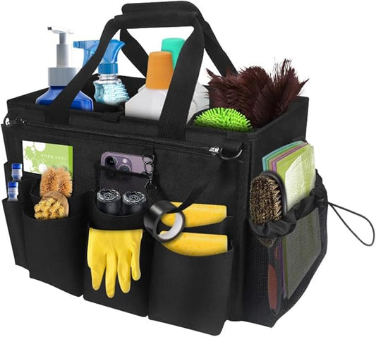 Qivine Cleaning Caddy with Handle, Cleaning Supply Caddy Foldable Tool Bag Cleaning Products Organizers Portable Cleaning Bucket Organiser for Storing Towelsï¼Black Squareï¼