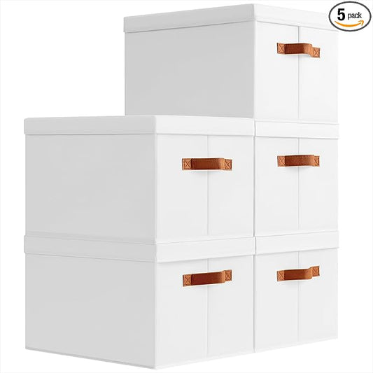 Storage Bins with Lids - Large Fabric Closet Bins with Lid, 5 Pack Clothes Organizers and Storage, Collapsible Stackable Cube Basket for Home, Office, Dorm, White