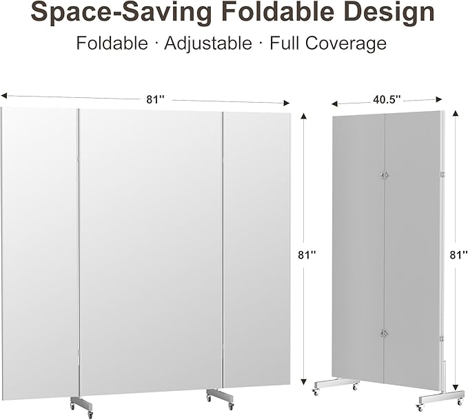 Brisafe 81" x 81" Extra Large Full Length Tri-Fold Mirror on Wheels, Stand Up Movable Floor Mirror with Stand, 3-Way Folding Standing Mirror for Gym, Dance Studio, Fitness Room & Home, White