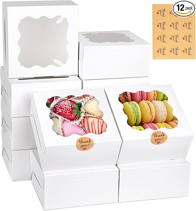 WINKIO 12 Pieces Cookie Boxes with Window, 6Ã6Ã3 Inches Treat Boxes for Bakery Dessert Pastry Mini Cake Favor Donut Baked Goods (White, with Stickers)