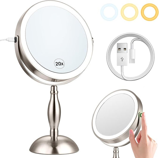 20x Magnifying Mirror with Light, 3 Color Modes and Adjustable Brightness with Lighted Makeup Mirror, Side Charging Port & SideTouch Sensor, 360Â° Rotation Double Sided Brushed Nickel