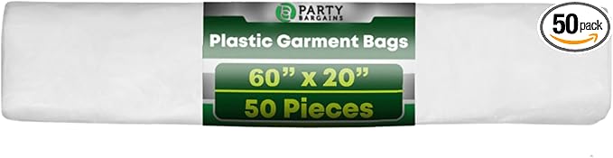 PARTY BARGAINS 60 x 20 Inch Disposable Clear Garment Bags, 50 Pack â Heavy-Duty Plastic Clothes Covers for Suits Dresses Coats, Closet & Travel
