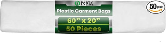 PARTY BARGAINS 60 x 20 Inch Disposable Clear Garment Bags, 50 Pack â Heavy-Duty Plastic Clothes Covers for Suits Dresses Coats, Closet & Travel