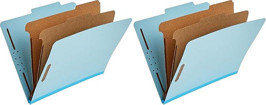 Amazon Basics Classification Folder with Prongs, 100% Recycled, 2 Dividers, 2" Embedded Fasteners, Letter Size, for Documents Organization, Light Blue, 10 Count (Pack of 2)