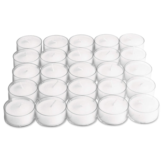 tag Unscented Basic Clear Cup Tealight Candle 25 Pack Burn Time 3 Hours Ideal for Home Decor Decoration Birthday Parties Wedding Dinner White
