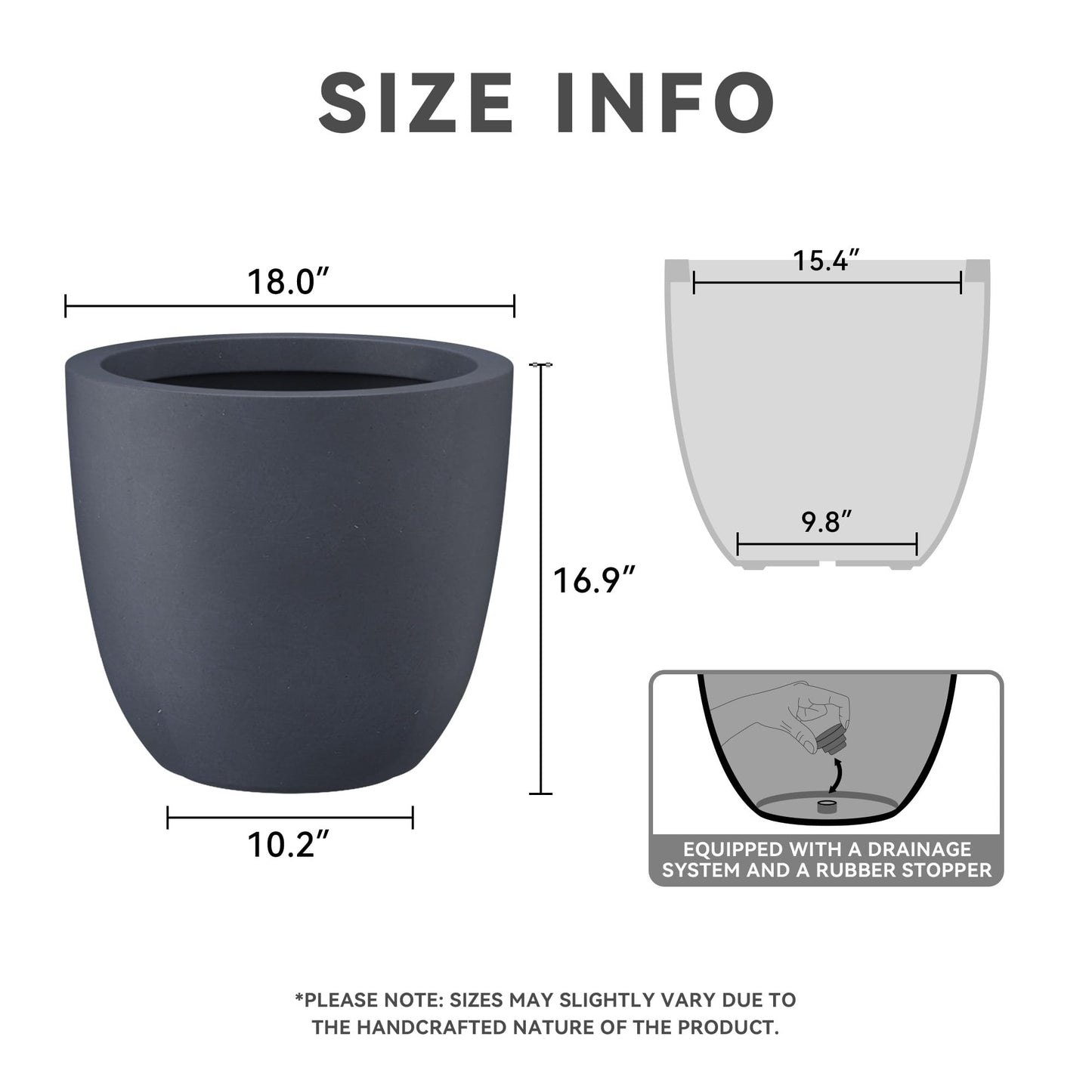 Kante 18 Inch Dia Round Concrete Planter, Indoor Outdoor Large Plant Pot with Drainage Hole and Rubber Plug for Home Patio Garden, Charcoal