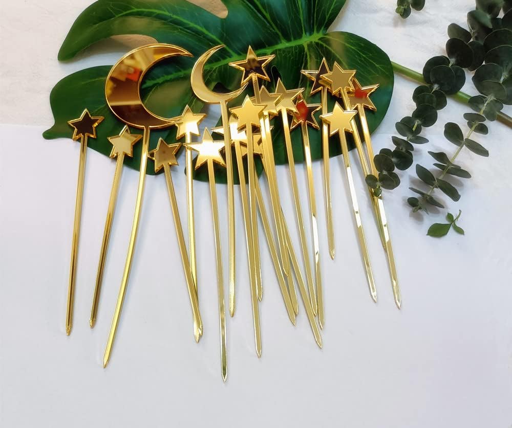 Set of 20pcs Star and Moon Acrylic Cake Topper, The Moon Birthday Dreamy Wedding Shooting Star Engagement Baby Shower Topper (Gold Mirror)