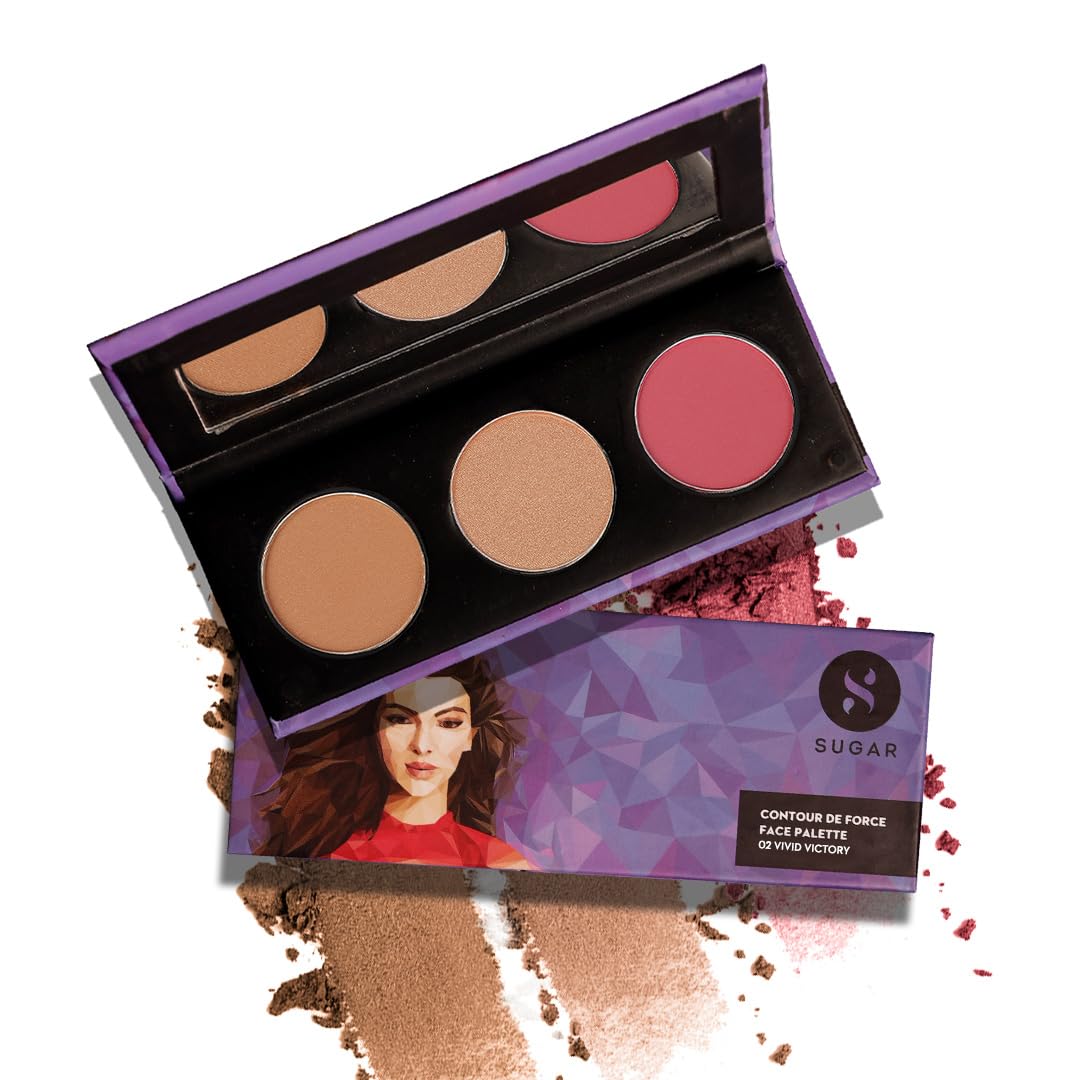 SUGAR Cosmetics Contour De Force Face Palette - 02 Vivid Victory Longlasting Formula, Lightweight Blush, Highlighter And Bronzer, Paraben Free.
