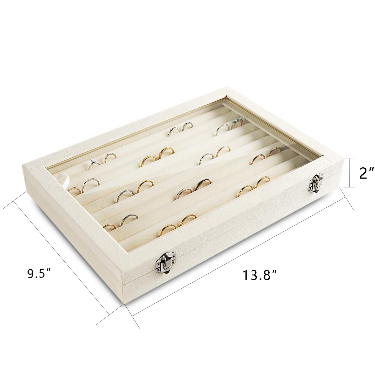Frebeauty Rings/Earrings Organizer Tray with Clear Lid 10 Slots Velvet Drawer Insert Jewelry Storage box with Glass lid Jewelry Display Case Showcase Gift for Girls Women (Beige, 10 Slots)