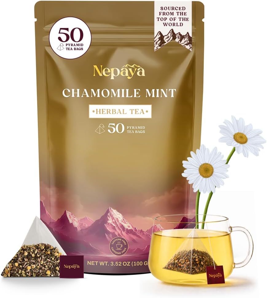 Chamomile Mint Herbal Tea Bags, Relaxing Bedtime Blend with Lemongrass, Peppermint, 50 Biodegradable Pyramid Tea Bags, Fennel & Peppermint, Caffeine-Free, Hot or Ice Tea, 50 Biodegradable Tea Bag