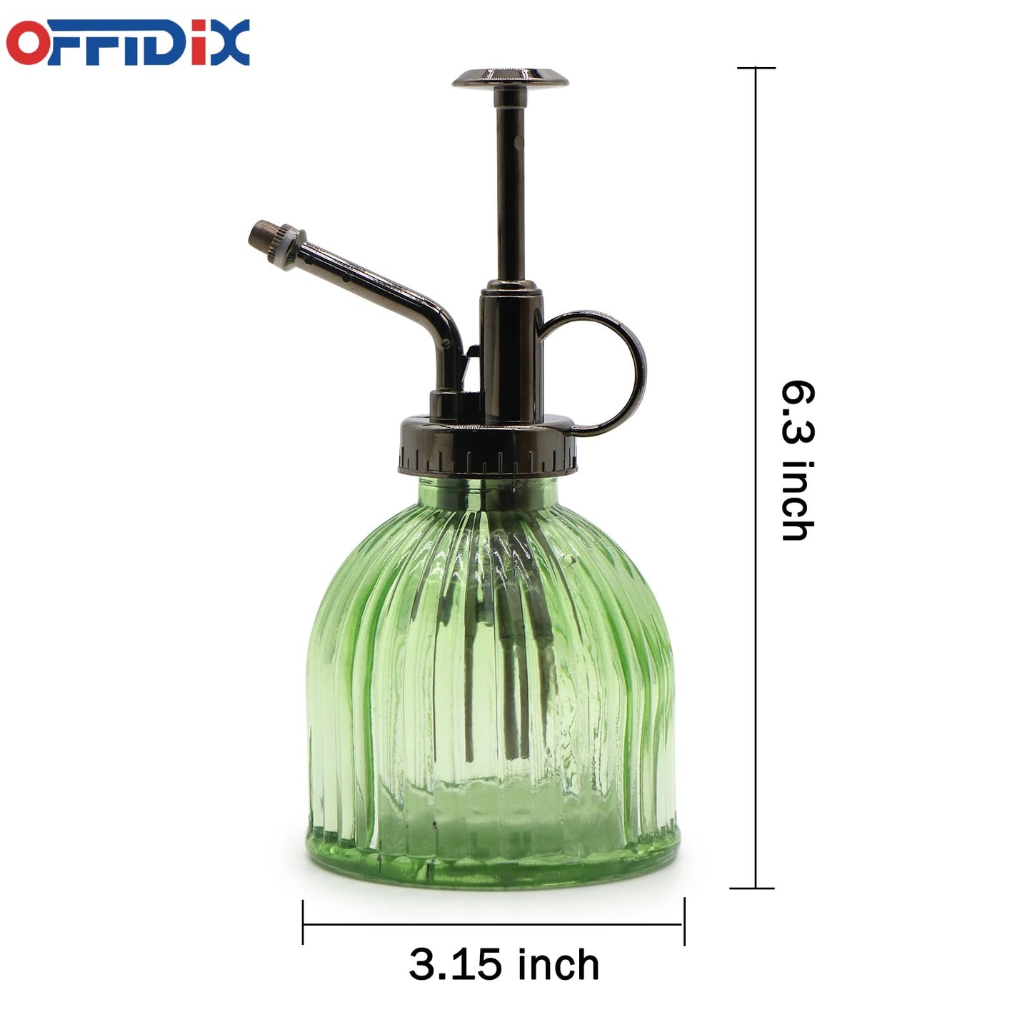 OFFIDIX Glass Plant Mister, 6.3 Inches Tall Vintage Style Spritzer Bronze Plastic Top Pump One Hand Watering Can Indoor Plant Spray Bottle for Garden, Plants, Cleaning (Light Green)