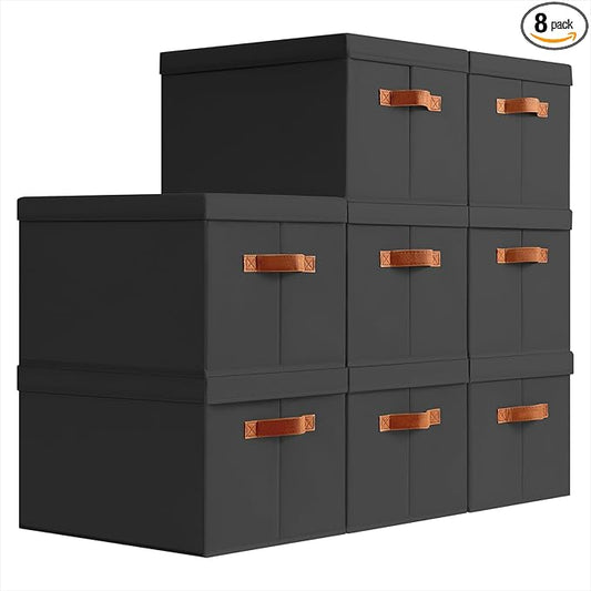 Storage Bins with Lids - Large Fabric Closet Bins with Lid, 8 Pack Clothes Organizers and Storage, Collapsible Stackable Cube Basket for Home, Office, Dorm, Black
