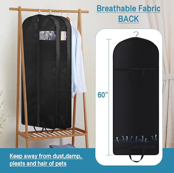KIMBORA 60" Dress Garment Bags for Hanging Clothes Travel, Gusseted Garment Bags for Closet Storage with Handles for Long Gowns, Coats（3 Packs）