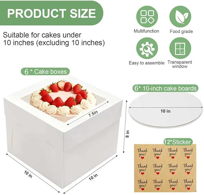 6 Pack Cake Boxes, 10x10x8 Inches Tall Cake Box with Cake Boards, White Bakery Boxes with Large Window, Disposable Cakes Transport Containers with Lids, for Cookies, Pies, Wedding, Birthday