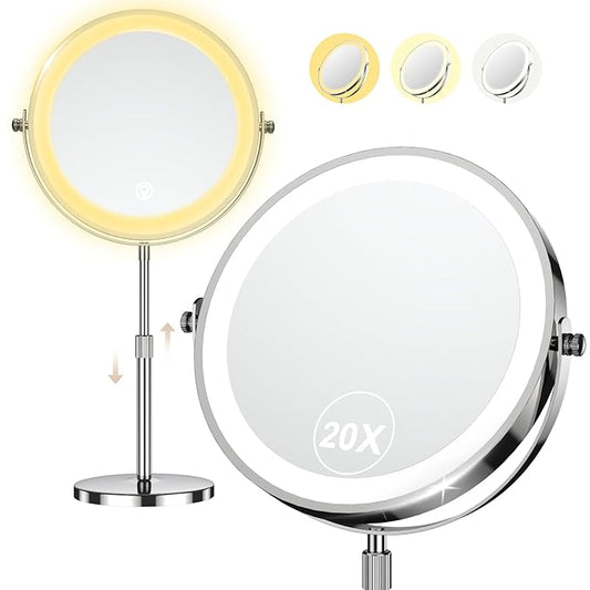9" Makeup Mirror with Lights, 20X Vanity Mirror with Lights,3 Color Height Adjustable Lighted Makeup Mirror with Magnification, 5000mAh Rechargeable 360Â° Double Sided LED Mirror for Desk, Women Gift
