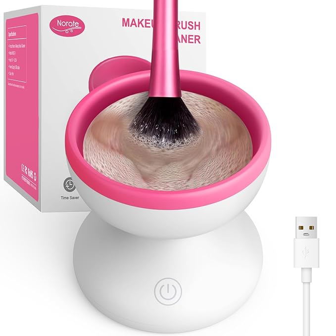 Norate Electric Makeup Brush Cleaner Machine, Automatic Make up Brush Cleaner for Fast Deep Cleaning - Removes Residue from Make up Brushes, Sponge, Stocking Stuffers for Women, Teen Girls (Pink)