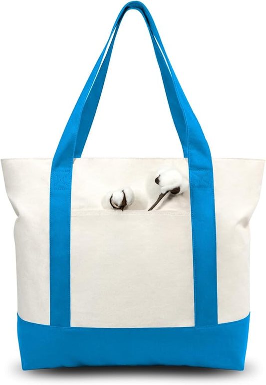 TOPDesign 1-Pack Canvas Tote Bag with an External Pocket, Reusable Grocery Shopping Bag, Top Zipper Closure, Daily Essentials (Ocean Blue/Natural)