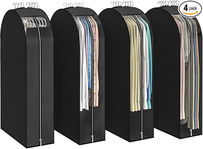 Black Garment Bags for Hanging Clothes 4 Packs, 10â Gusseted and 43" Clothes Protectors for Hanging Clothes for Closet, Shirts, Coats, Dresses
