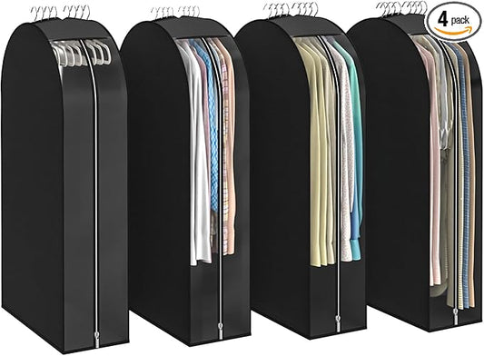 Black Garment Bags for Hanging Clothes 4 Packs, 10â Gusseted and 32" Clothes Protectors for Hanging Clothes for Closet, Shirts, Coats, Dresses