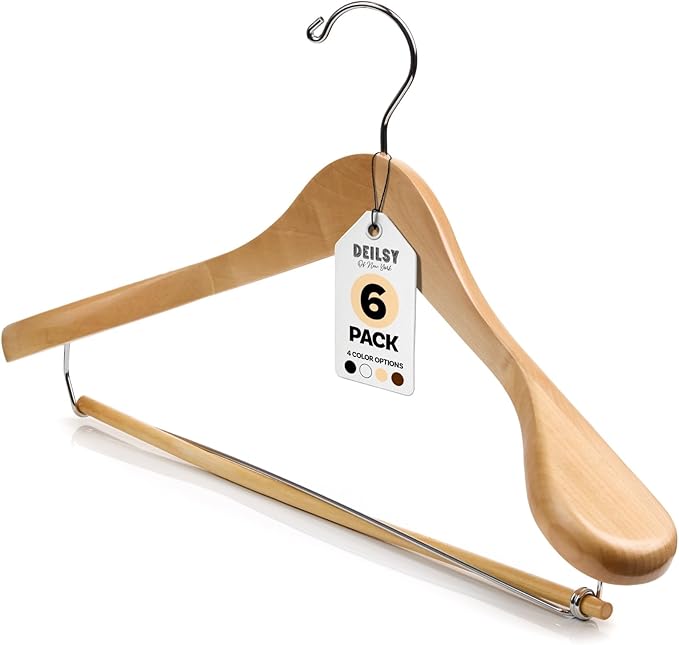 DEILSYâ¢ Natural Suit Hangers for Men with Non-Slip Pants Bar & 360Â° Swivel Hook - Smooth Finish Wooden Coat Hangers, Heavy Duty Wooden Hanger â Pack of 6