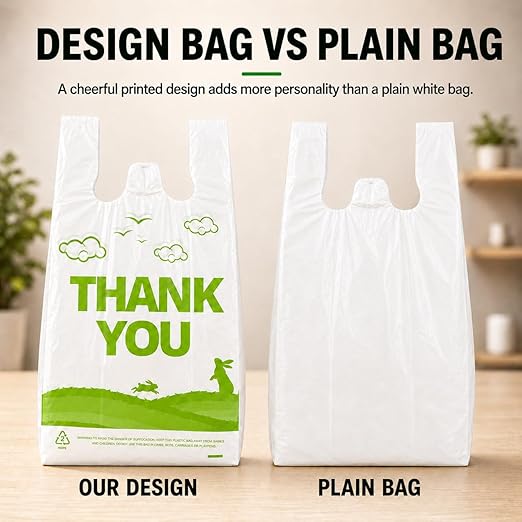 YoYoRain 1000 Pack White Design Thank You T-Shirt Bags with Handles, 11"x6"x21" Plastic Shopping Bags for Grocery, Retail & Takeout