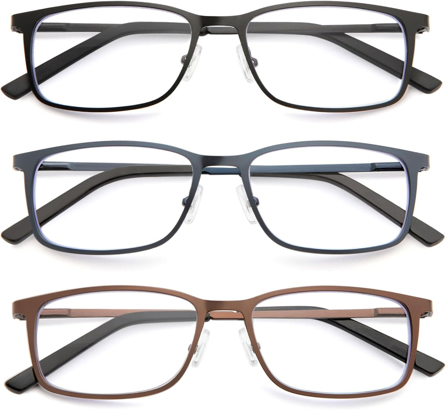 3 Pack Reading Glasses for Men, Blue Light Blocking Readers with Spring Hinge, Rectangular Metal Frame Anti-Glare
