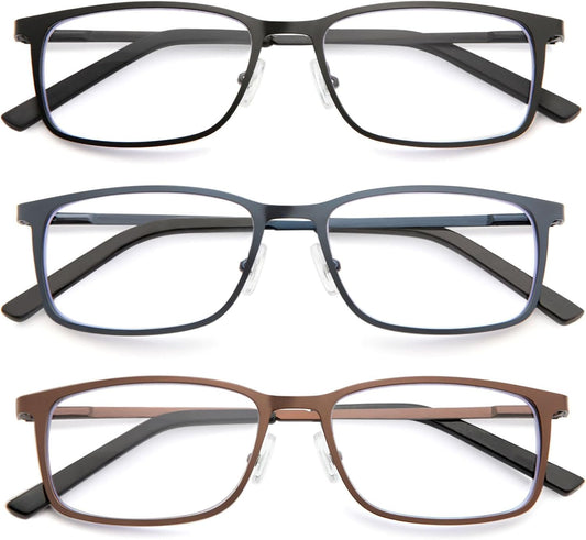 3 Pack Reading Glasses for Men, Blue Light Blocking Readers with Spring Hinge, Rectangular Metal Frame Anti-Glare