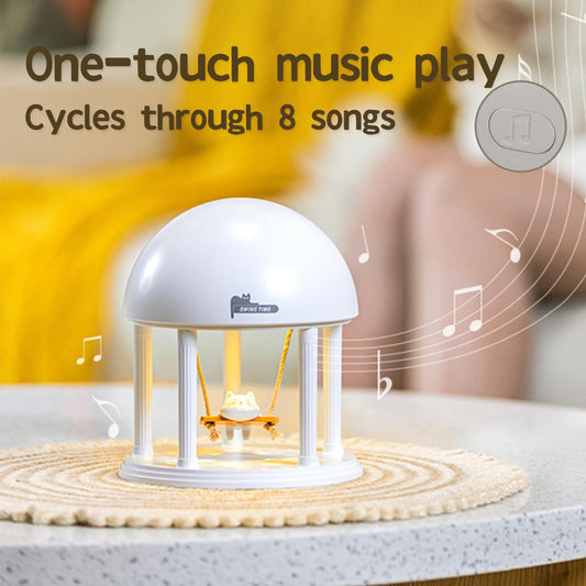 ANJOGIFT Elegant Gazebo Cat Night Light Music Box LED Lamp USB Type-C Rechargeable, Brightness Adjustable, 3 Colors Switched, Peaceful and Romantic (Pink)