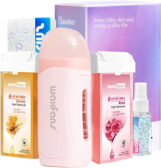 Waxfans Roll on Wax Kit, Waxing Kit for Women and Men, Wax Roller Waxing Kit for All Skin Types, Roll on Waxing Kit for Hair Removal, Wax Cartridges & 50 Pcs Wax Strips (Honey&Rose)