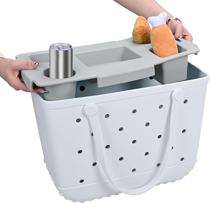 Tote Topper Tray Accessories for Bogg Bag Large Only – Waterproof EVA Table Top Organizer Lid with Cup Holder, Snack, Phone & Drink Holders for Beach, Pool, Picnic, Travel (Gray)