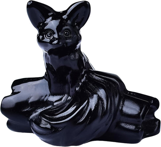 Obsidian Fox Decor Statue Crystals and Healing Stones Fox Figurine Polished Gemstones Bedroom Office Desk Home Decoration A Lucky Decoration
