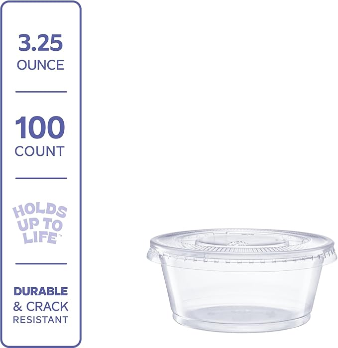 GUSTO 3.25 oz Jello Shot Cups with Lids [100 Count] Clear Plastic Portion Containers, Condiment Cups for Sauces, Dressings & Samples – Durable, Stackable, Leak-Resistant (Formerly Comfy Package)