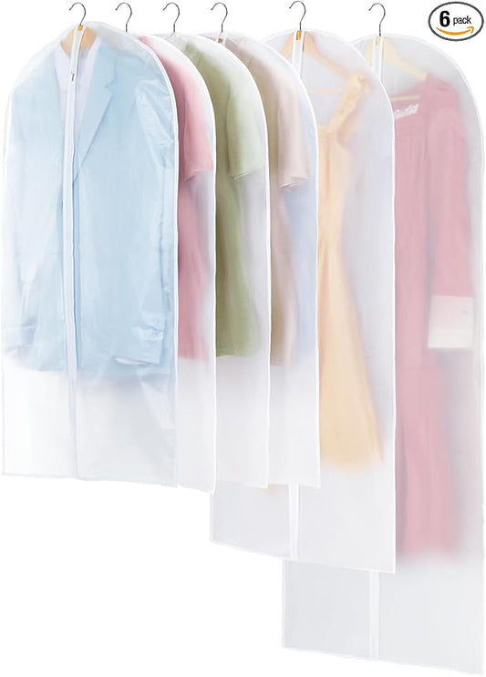 Translucent Garment Bags for Hanging Clothes - Frosted Clothes Storage Bags for Suits, Dresses, Closet Storage - 6 Pack