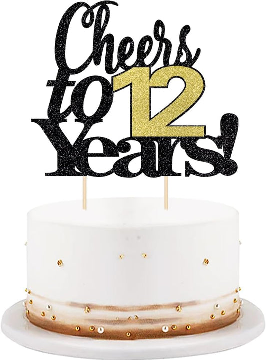 LVEUD Black Font Golden Numbers Cheers to 12 Years Happy Birthday Cake Topper -Wedding,Anniversary,Birthday Party Decorations (12th)